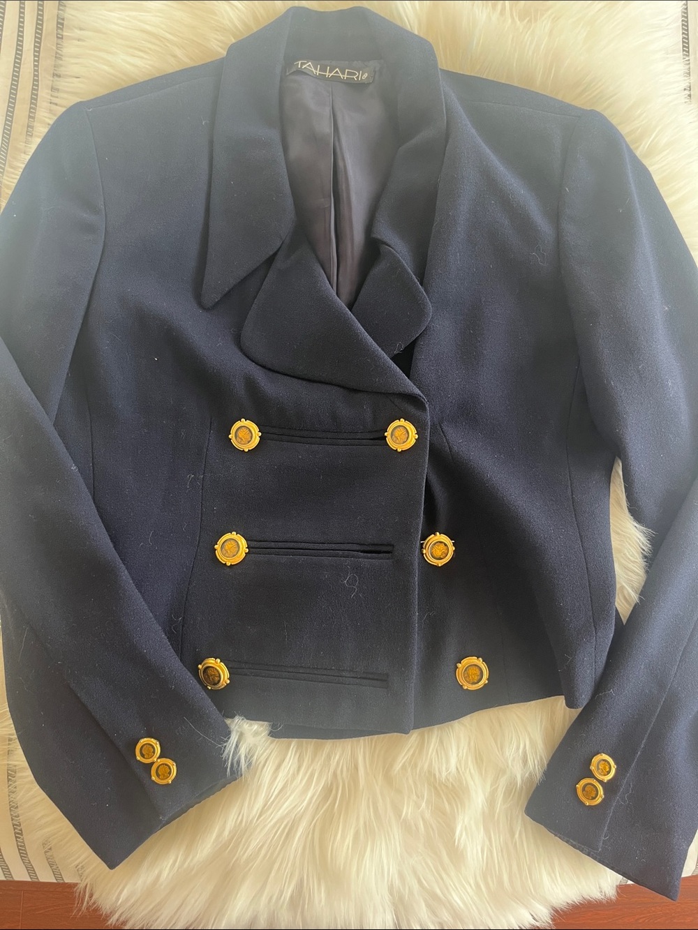 Tahari Navy Double-Breasted wool Blazer with Gold Buttons